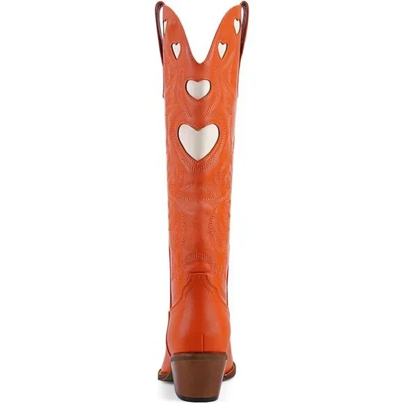 Women's Orange Wide Calf Round Toe Chunky Stacked Heel Knee High Cowgirl Boot - Picture 8 of 9